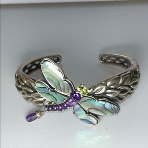 Vintage Carolyn Pollack Sterling Silver Multi Gemstone Dragonfly Cuff Bracelet